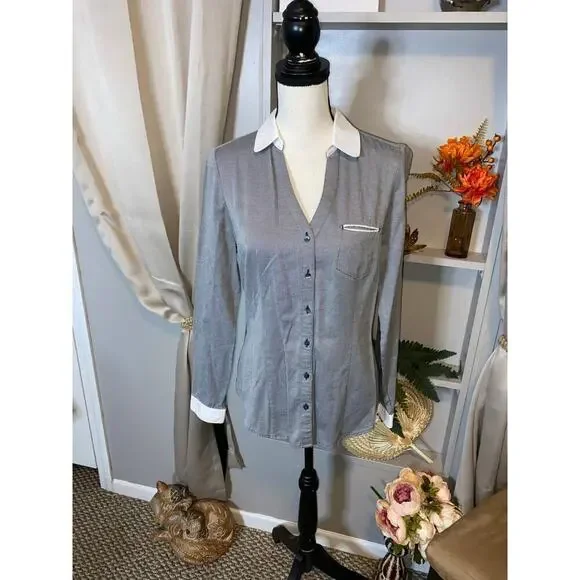 Express The Essential Shirt size Medium GUC Grey Black White Pinstripe Shirt - Picture 11 of 12